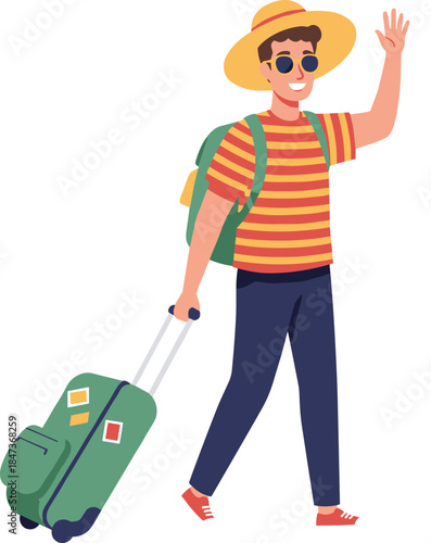 Cartoon traveler with suitcase, vacation outfit, travel accessories, smiling character, tourism concept, holiday journey, backpack and luggage, airport departure, summer trip, adventure illustration