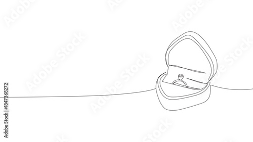 Engagement ring in a heart-shaped box, continuous line drawing. One line art of love, wedding rings, marriage, diamond, accessory, jewel, union of hearts, classic, romance. 