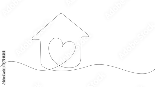 Home Sweet Home Continuous Line Icon, Minimalistic One Line Drawing of House within Heart Shape Symbolizing Home Love. eps 10, Heart inside a house drawn with one continuous line. The concept of love.