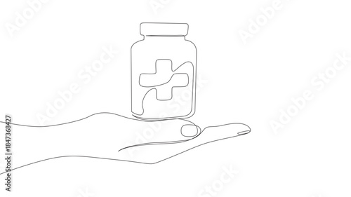Continuous one-line drawing of a hand holding a drug bottle. Medical drugs, pharmacy, health, and care line art vector illustration. 