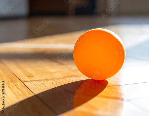 Orange sphere casting a shadow on a wood floor bathed in sunlight