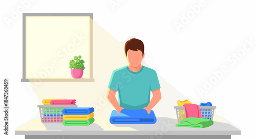 Man Folding Laundry At Home Illustration Vector Graphic Design