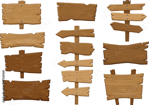 Cartoon wooden signboards, rustic direction signs, plank signage, arrow shapes, brown wood texture, game asset, outdoor marker, vintage board design, navigation icon, forest decor