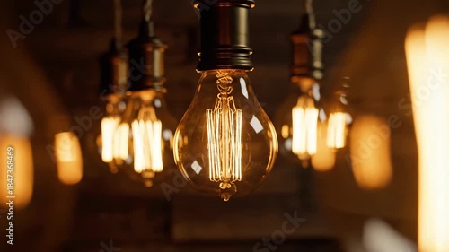 Warm, close-up view of vintage style light bulbs hanging on chains. Rustic, moody, and glowing