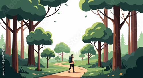 Man Hiking Along Scenic Forest Path On Sunny Day