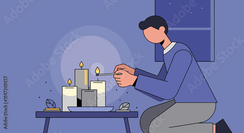 Man Lighting Candles At Night For Relaxation Minimalist Illustration