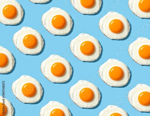 Pattern of fried eggs with bright orange yolks on a blue background