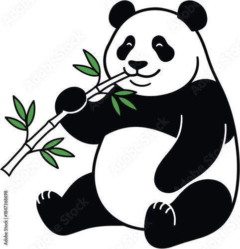 Cute panda eating bamboo illustration, smiling cartoon bear character, black white line art style, wildlife animal, isolated background, vector design