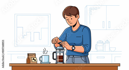 Man Preparing Coffee Using French Press In The Kitchen Illustration