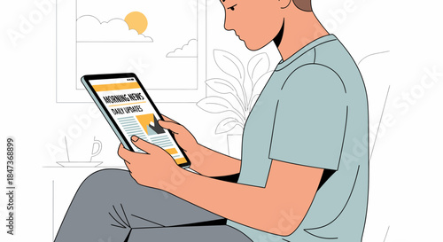 Man Reading Morning News On Tablet At Home Illustration