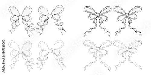 Elegant collection of hand drawn ribbon bows in black and white style