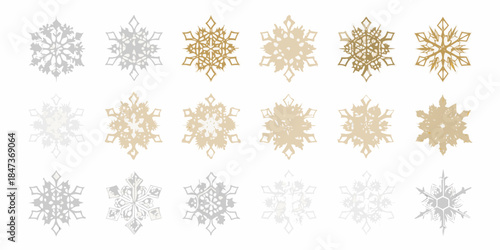 An arrangement of delicate snowflakes in varying shades of gold and silver