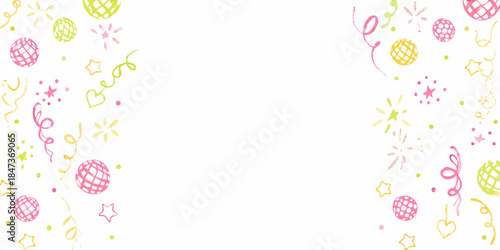 Colorful confetti and festive decorations scattered across a bright white background