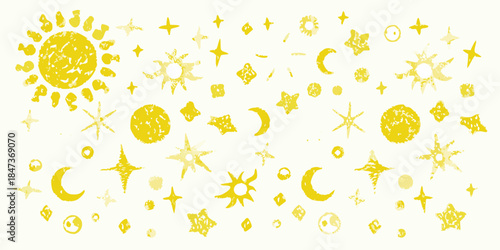 A playful illustration featuring yellow suns moons stars and celestial shapes
