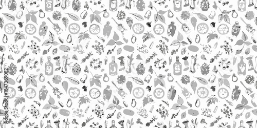 Detailed monochrome pattern featuring wine fruits and botanical elements