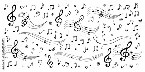A black and white arrangement of musical notes and symbols on a white background