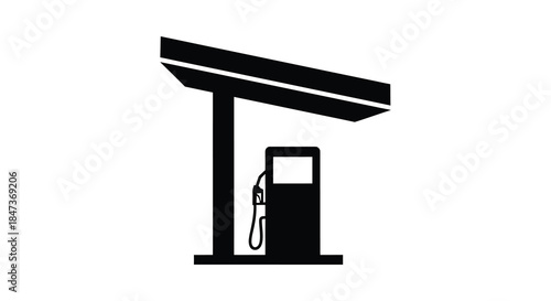 a black and white illustration depicting a gas station pump and canopy a minimalist silhouette