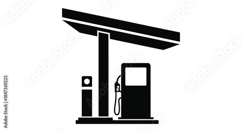 A simple graphic representation of a gas station with a fuel pump and minimalist design silhouette