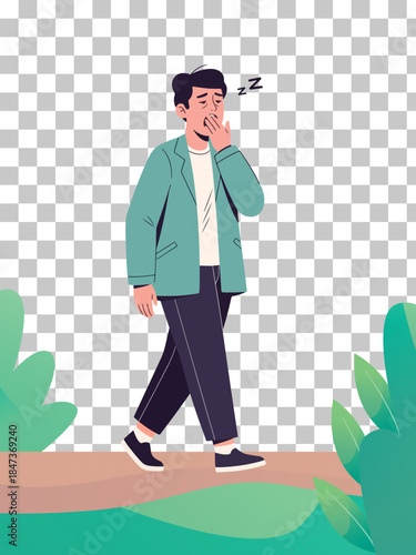 A tired man walking and yawning with Zzz symbols above his head, indicating sleepiness.