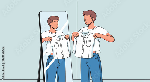 Man Trying On A Shirt In Front Of The Mirror