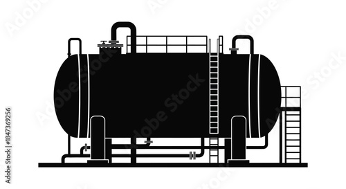 A stark black silhouette of an industrial storage tank with detailed piping and ladder structure silhouette