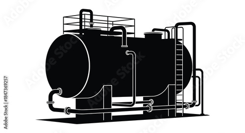 industrial storage tank with complex piping and ladder details a striking black silhouette