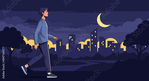 Man Walking Alone In The City Park At Night Under Moonlight
