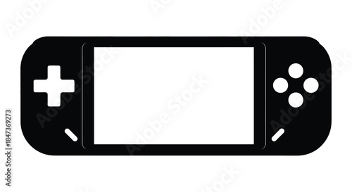 A simple black and white illustration of a handheld gaming console a striking silhouette