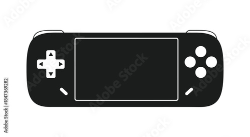 A minimalist black and white illustration of a handheld gaming console a striking silhouette