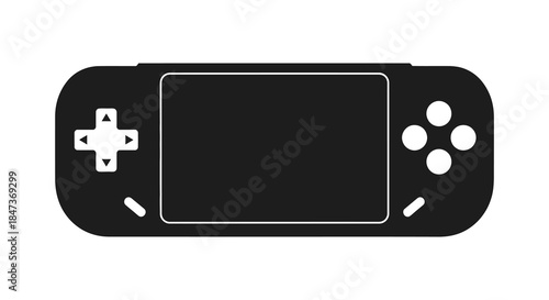 A sleek black handheld gaming console with a directional pad and buttons silhouette