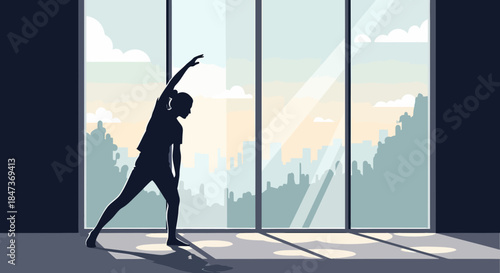 Morning Stretch Silhouette Against Urban Sunrise Backdrop Interior