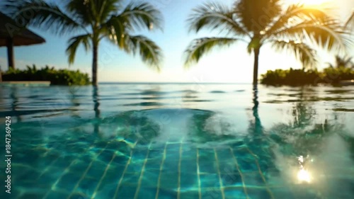Turquoise pool reflects palm trees against a clear, tropical horizon at a sunny resort