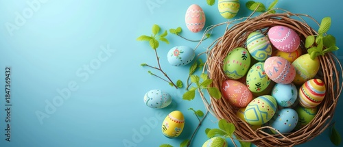 Rustic bird nest overflowing with brightly colored hand-painted Easter eggs, surrounded by spring foliage on a blue background.