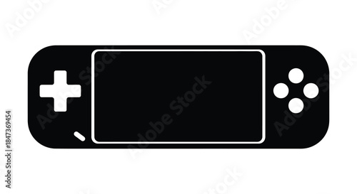 A simple black and white illustration depicting a handheld gaming console detailed silhouette