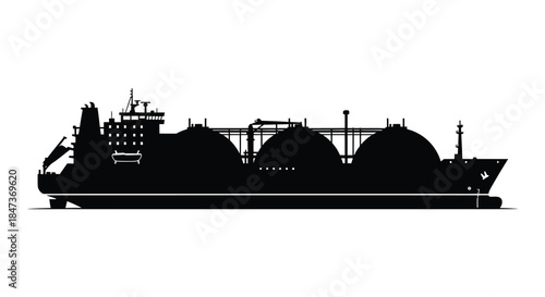 A striking black silhouette of a large tanker ship with spherical cargo holds silhouette