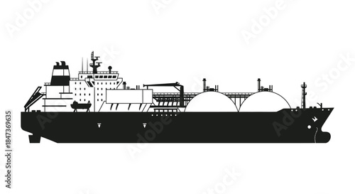 Detailed black and white illustration of a large oil tanker ship a striking silhouette