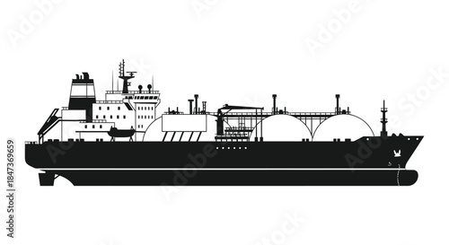 Detailed black and white side view of a large tanker ship a striking silhouette