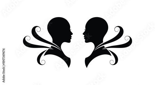 facing profiles with swirling floral details a minimalist design showcasing human connection silhouette