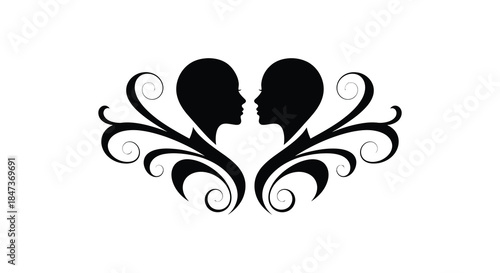 A romantic depiction of two faces forming a heart shape adorned with floral swirls silhouette