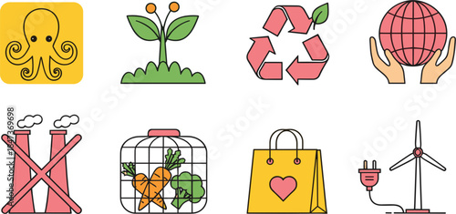 Sustainable lifestyle and eco friendly icons set with recycling renewable energy organic food and environmental protection concepts