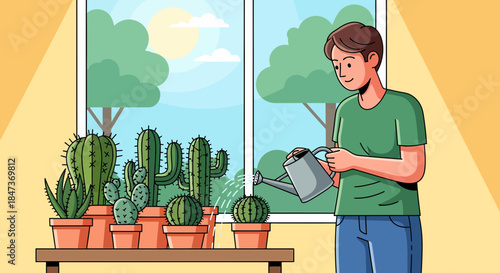 Person Watering Cacti In Front Of A Window At Home