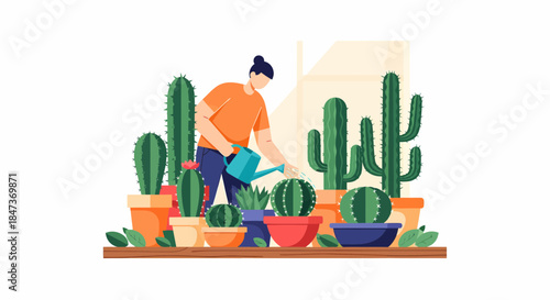 Person Watering Cacti Potted Plants At Home Gardener Houseplant Hobby