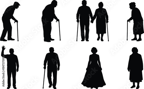 Set of Eight Black Silhouettes of Elderly People Including Men and Women Standing, Walking with Canes, Waving, and a Senior Couple Holding Hands, Vector Icons.