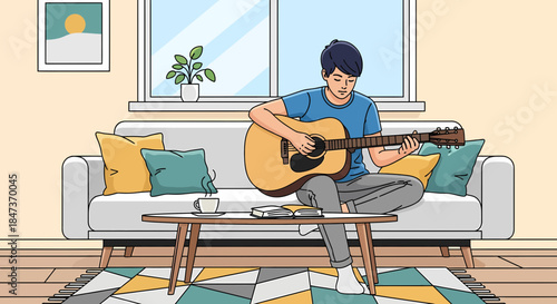 Relaxing At Home Man Playing Guitar on Couch With Book And Coffee