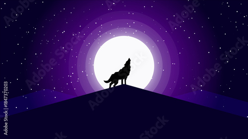 Wolf Howling at Full Moon Night Sky.