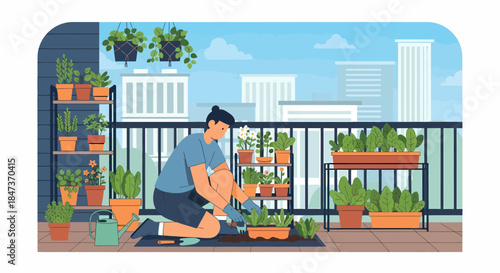 Urban Gardener Tending Plants On Balcony With City Skyline View