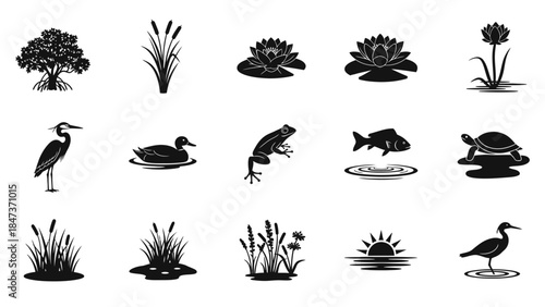 A collection of black and white silhouettes depicting various pond and wetland elements including animals, plants, and natural scenes.