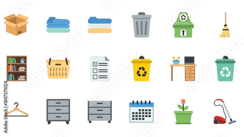 A collection of flat design icons depicting items for home organization, cleaning, storage, and office supplies.