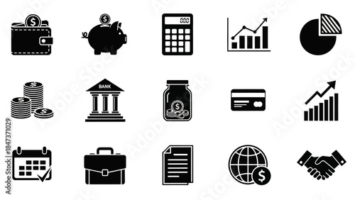 Set of black and white financial and business icons including money, banking, charts, and transactions, representing economic concepts.