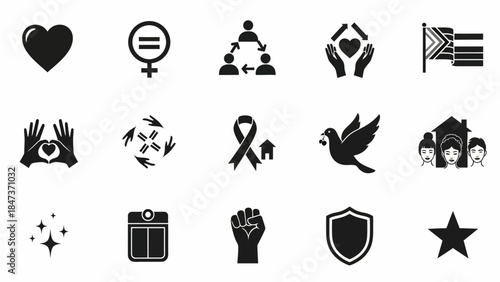 A collection of black and white icons representing social issues, human rights, equality, peace, community, and support.